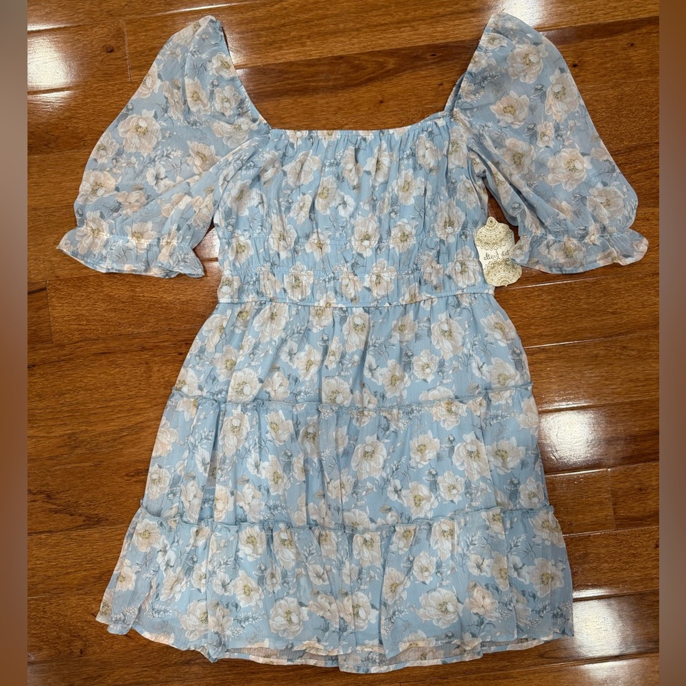Altar’d State Baby Blue & White/Cream Floral Puff Sleeve Square Neck Mini Dress